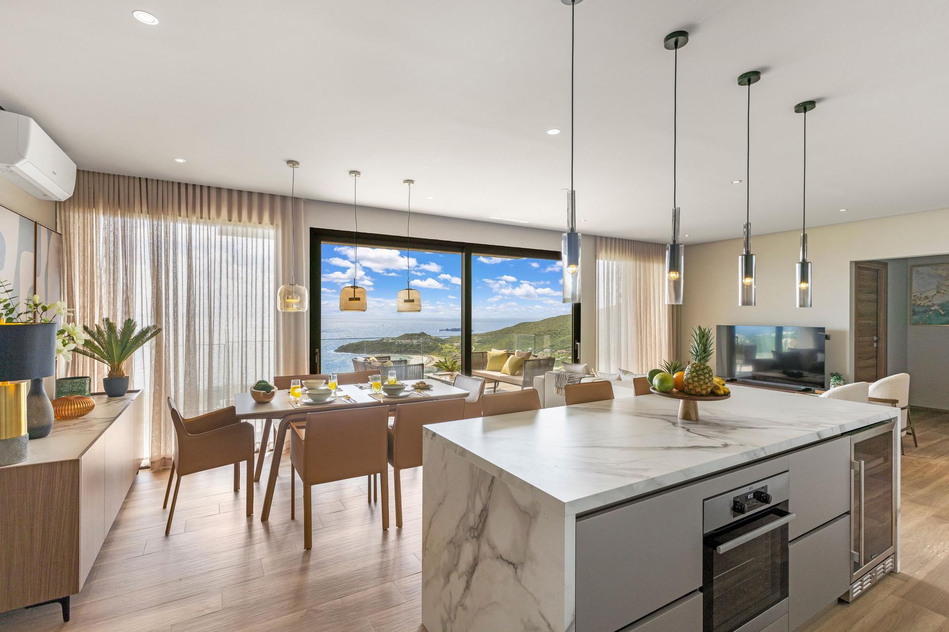 Panoramic Ocean-View Contemporary Apartment with Calacatta Marble Waterfall Island & Glass-Walled Terrace